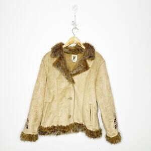 VTG SEVENTY SEVEN penny lane coat tan floral embroidered boho women's size L